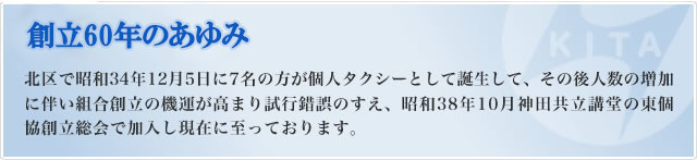 <創立45年のあゆみ>北区で昭和34年12月5日に7名の方が個人タクシーとして誕生して、その後人数の増加に伴い組合創立の機運が高まり試行錯誤のすえ、昭和38年10月神田共立講堂の東個協創立総会で加入し現在に至っております。